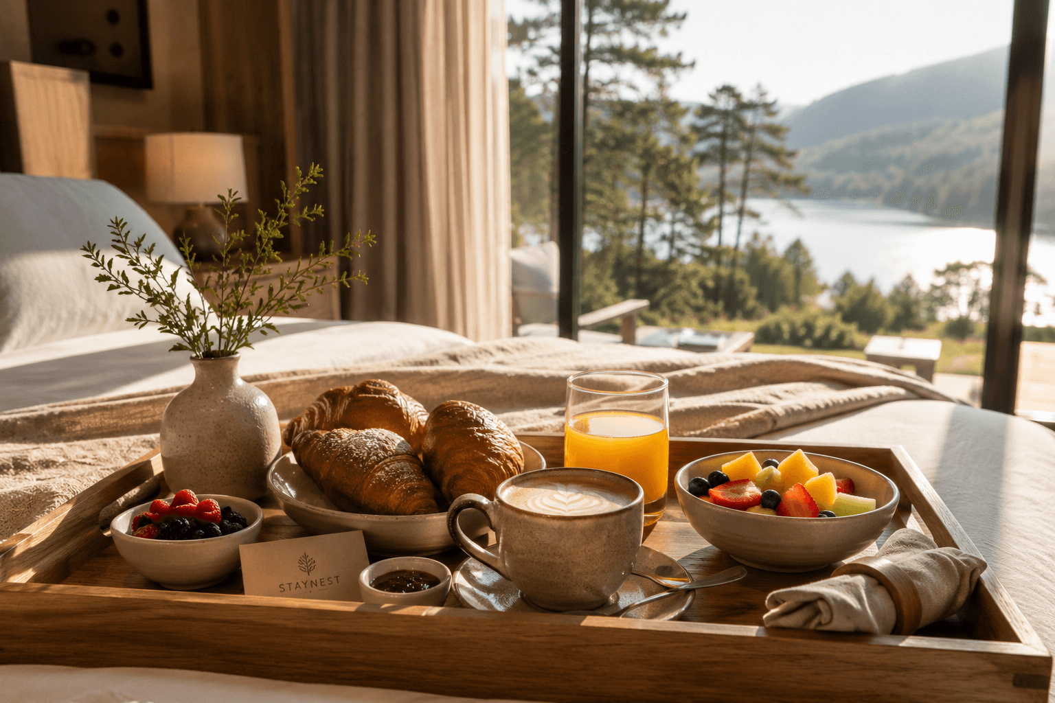Breakfast tray on the bed of a Kingfisher Room, lake framed in the window