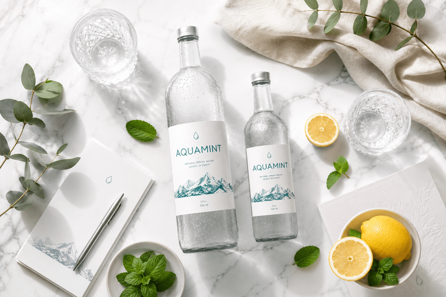 AquaMint bottles on marble with fresh mint leaves and lemon halves