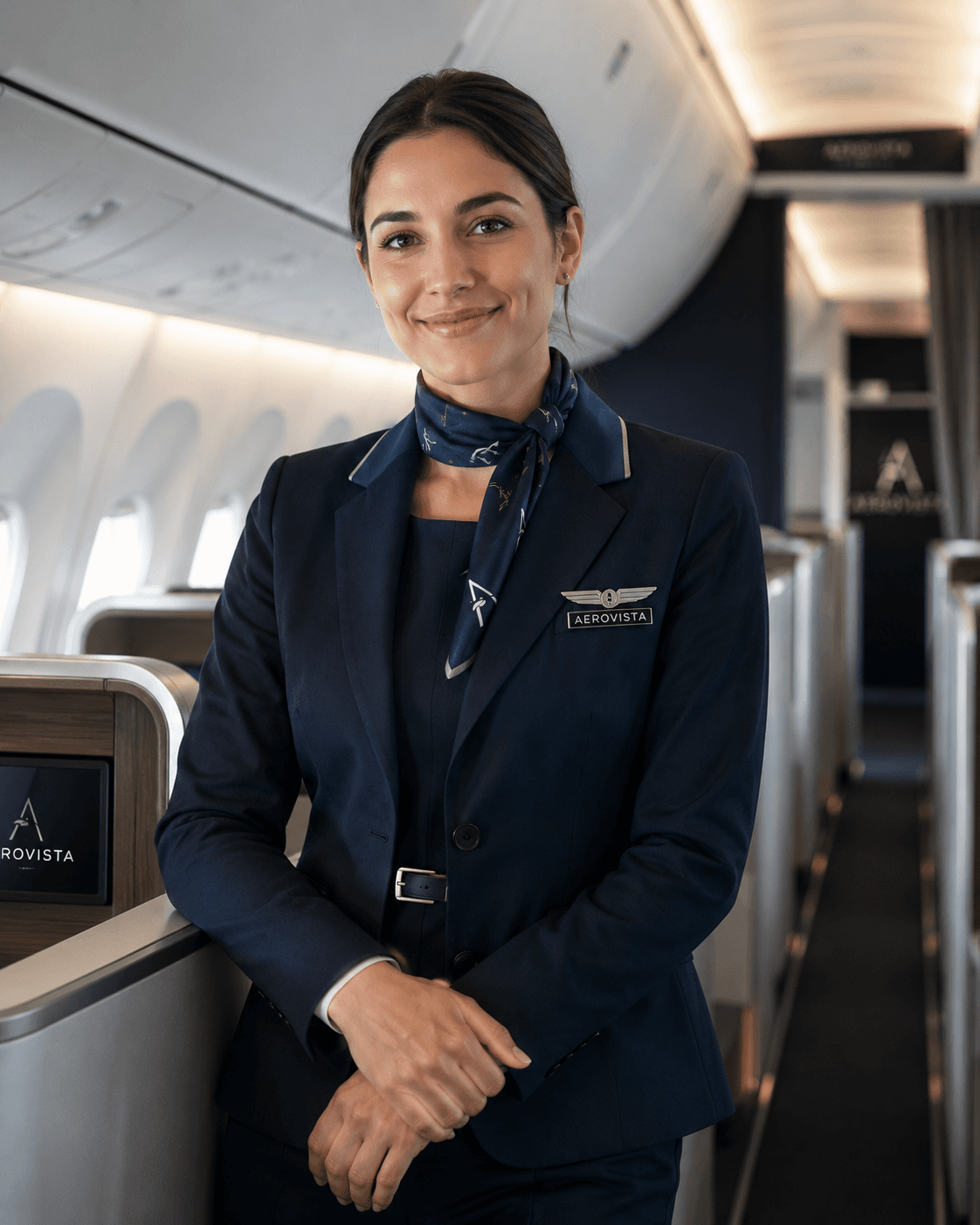 An AeroVista cabin crew member in navy uniform in the Voyager main cabin