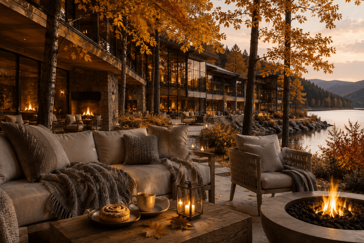 Crane Villa terrace by the lake, firepit lit among autumn trees
