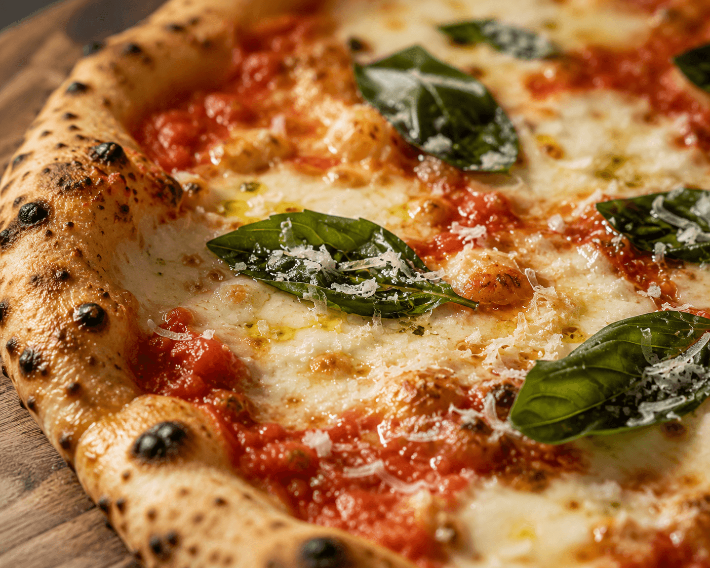 Margherita with blistered crust on a rustic board