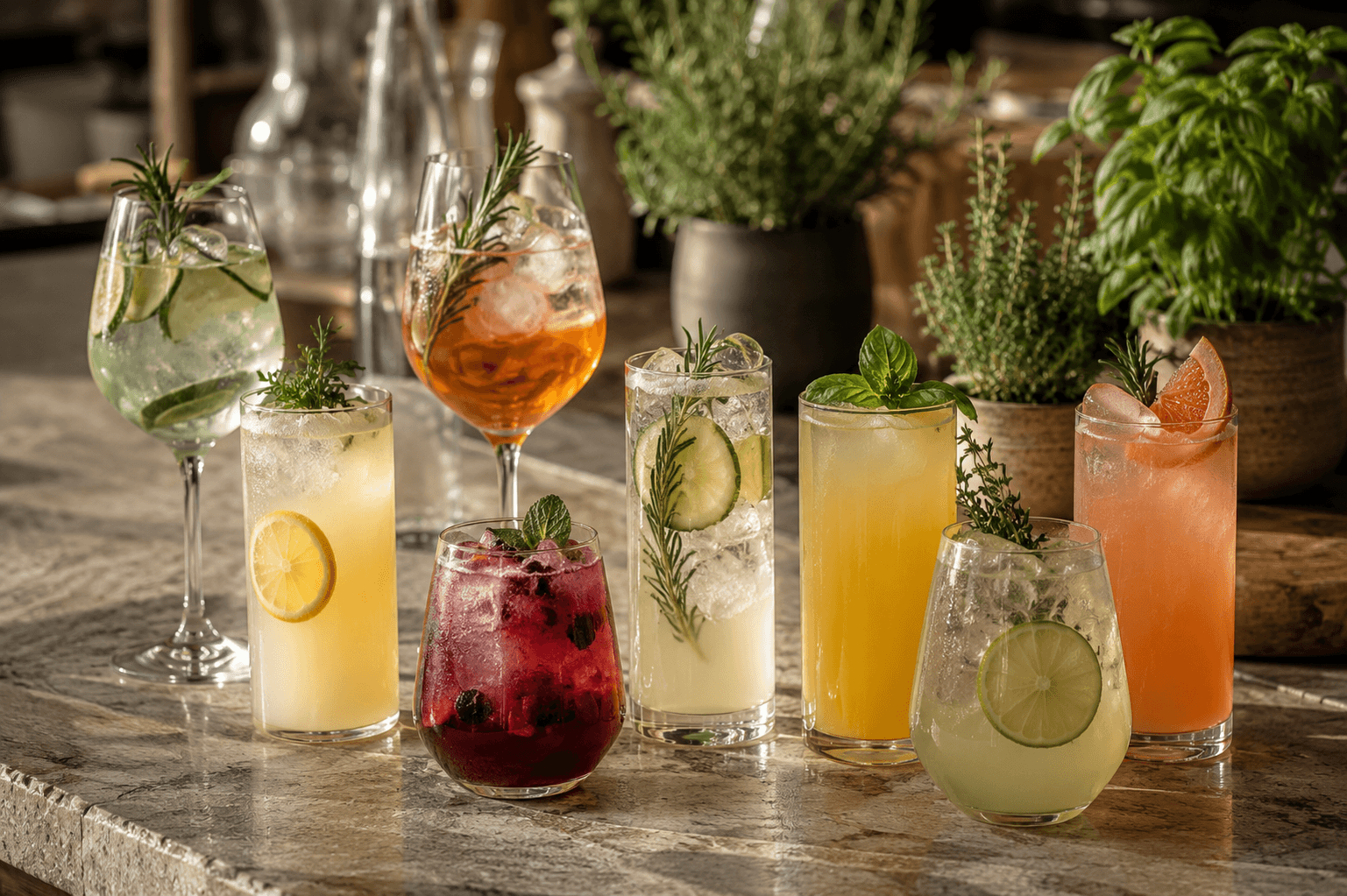A row of herb-garnished drinks in mixed glassware on a stone bar, backed by pots of basil, rosemary and thyme