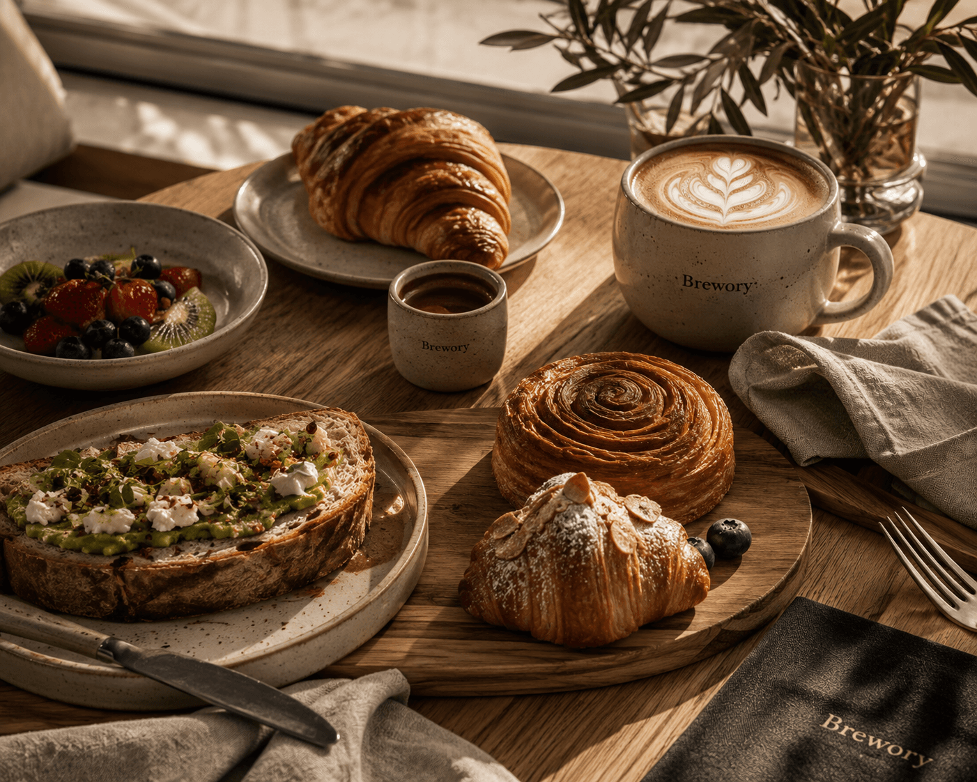 Brewory breakfast spread with croissants, toast, and a latte