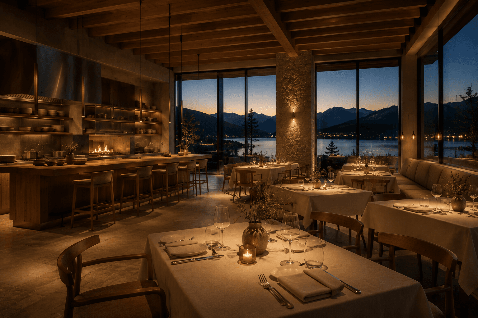 A long oak table set for breakfast, light falling through the glass wall