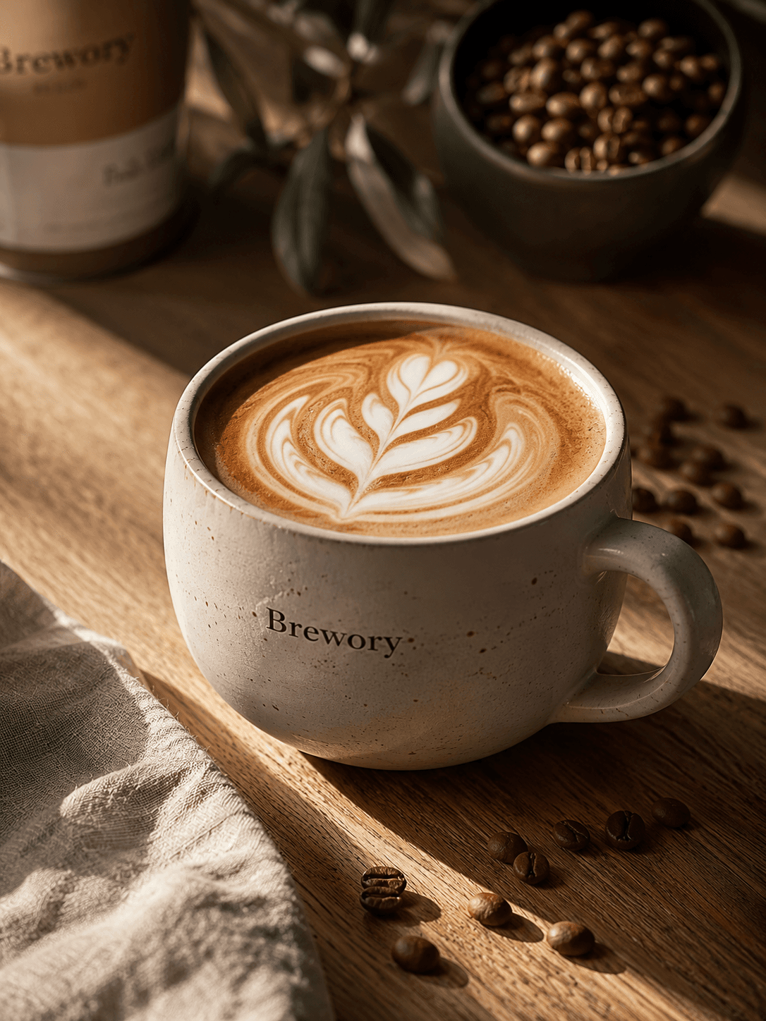Brewory flat white with rosetta latte art in soft sunlight