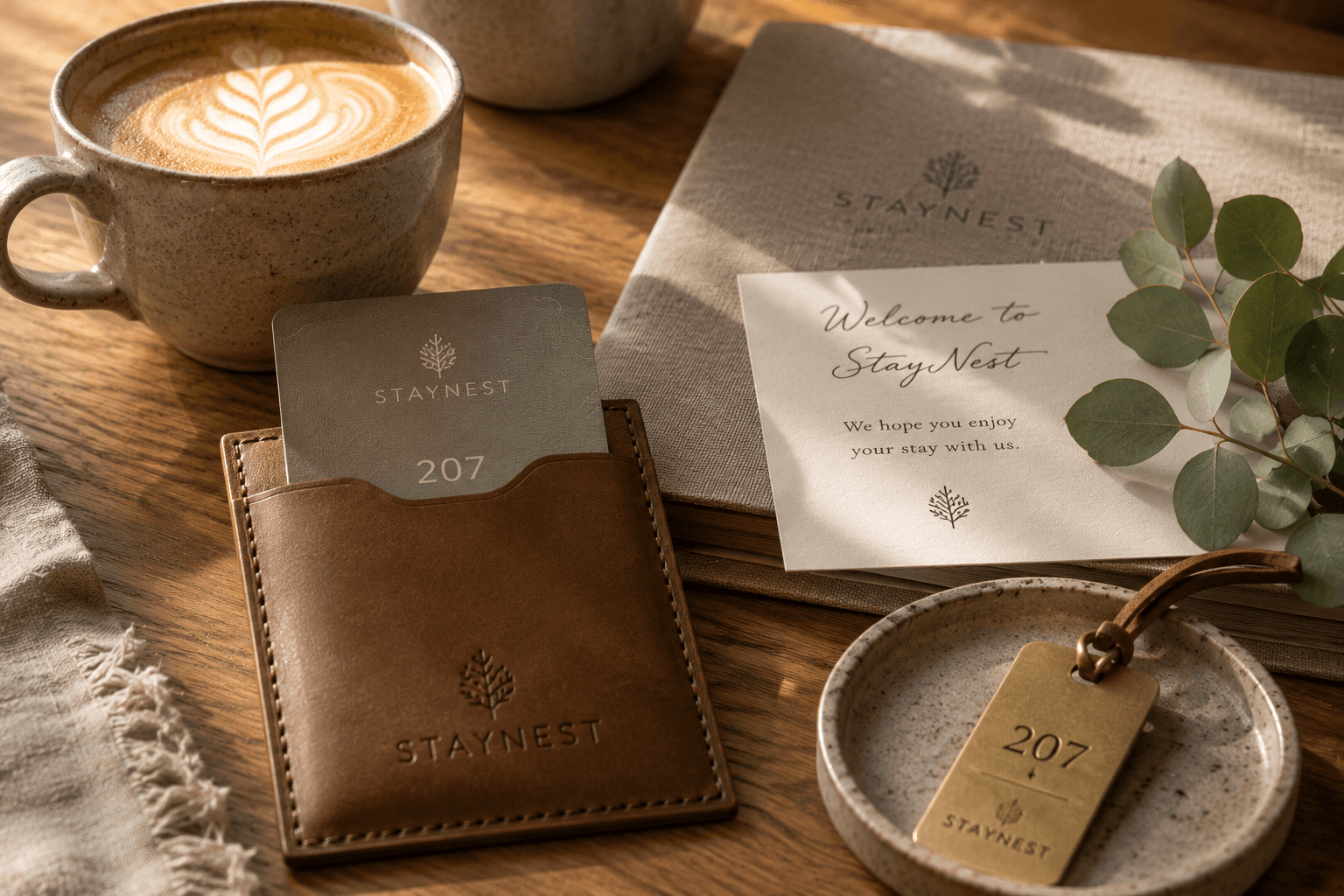 A StayNest welcome card, brass key 207 and a flat white on the front desk