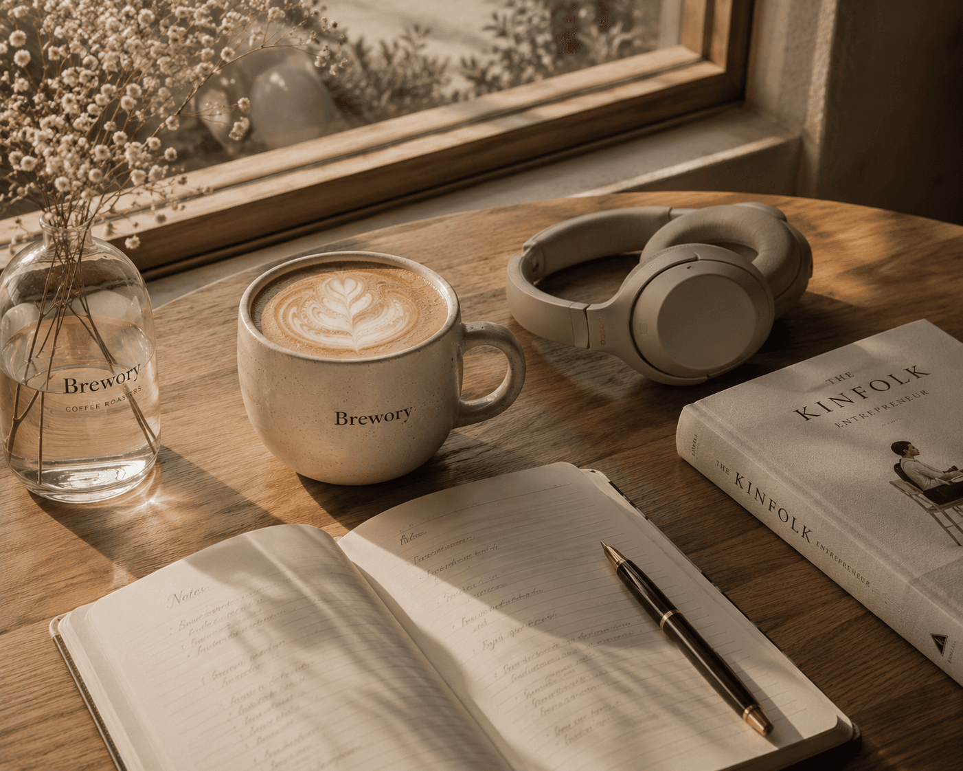 Pour over coffee on a café table beside a notebook