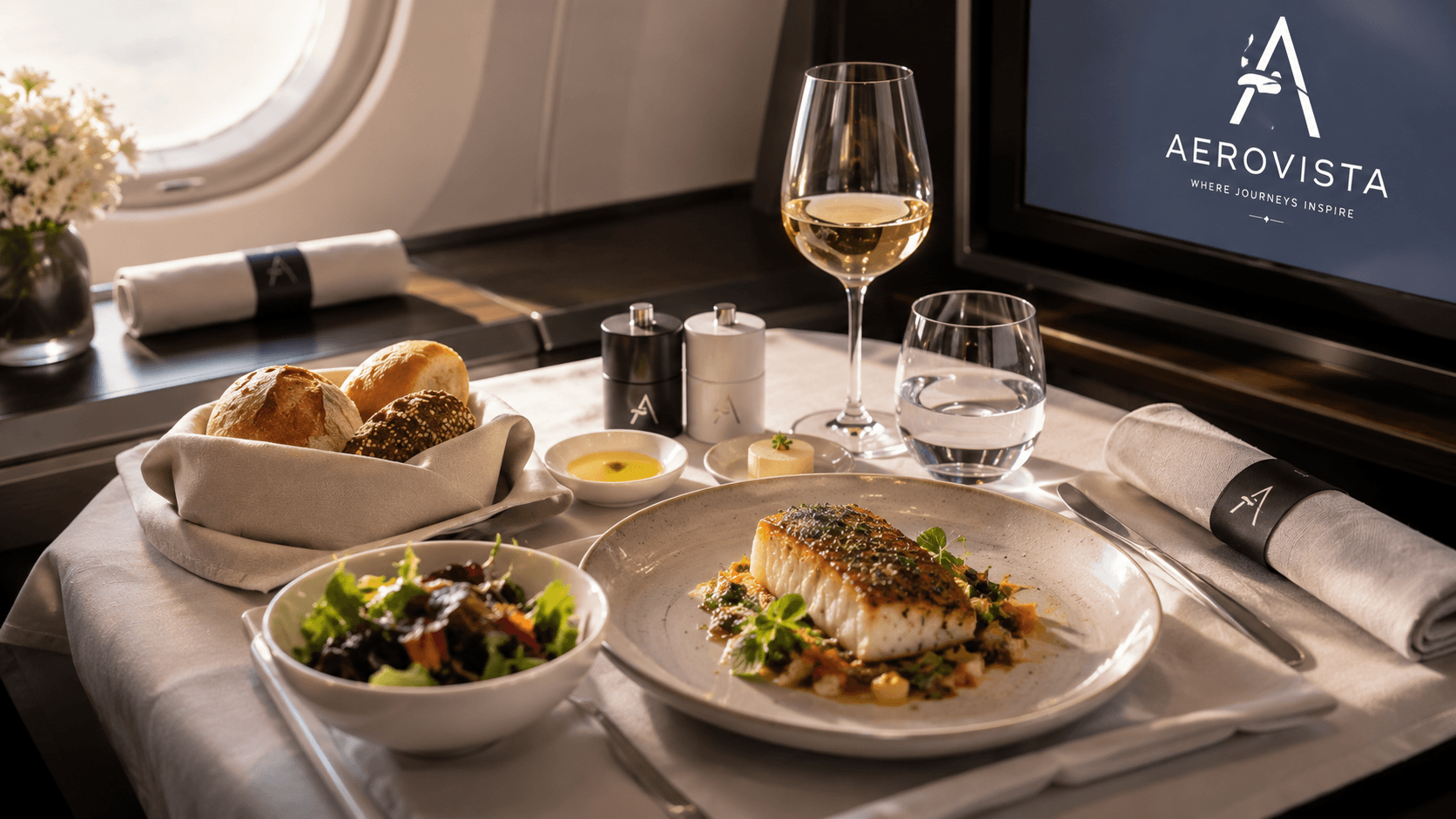 A plated main course and glass of wine on the Horizon business tray table beside the window