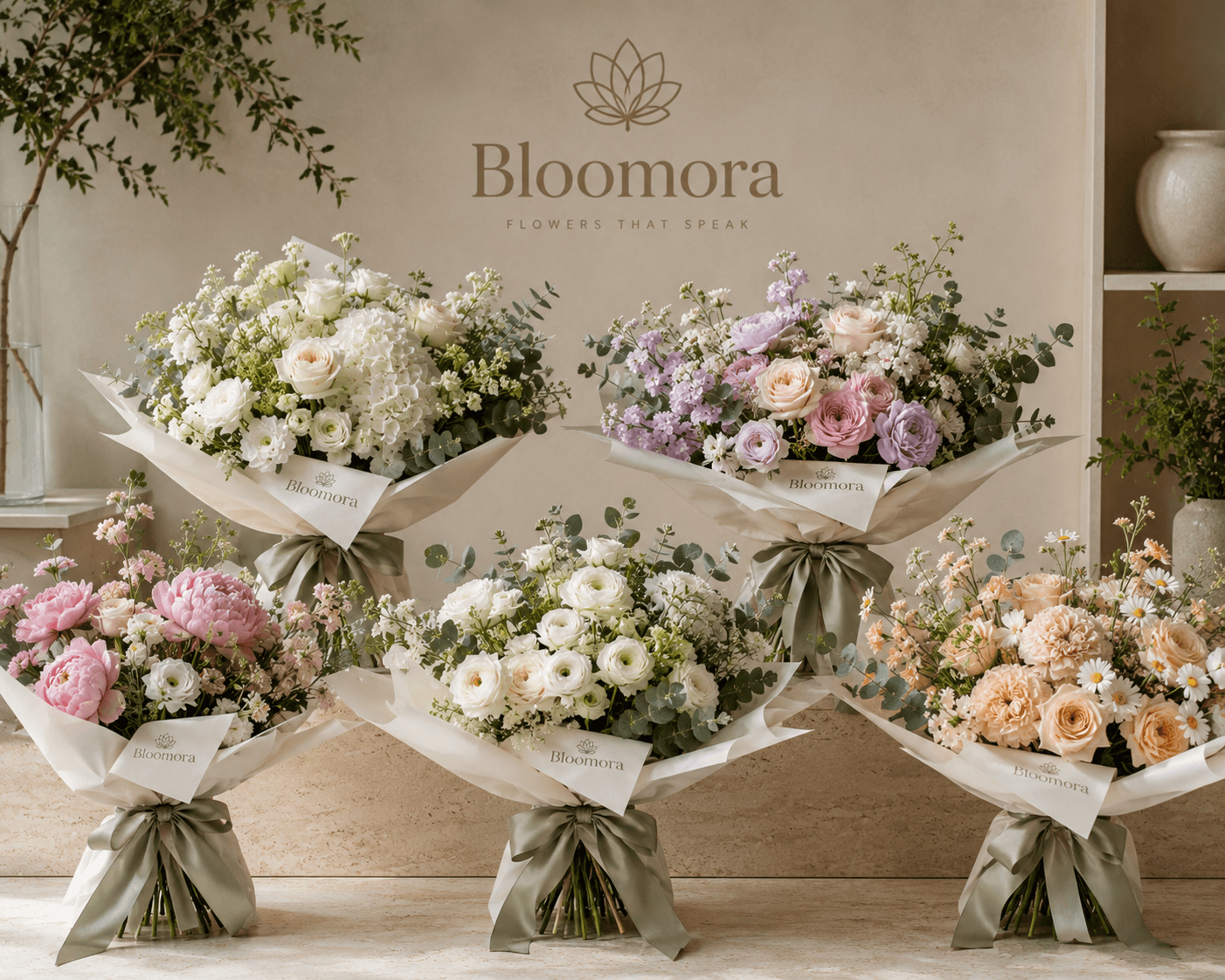Five wrapped Bloomora bouquets in blush, ivory and peach lined up in the studio