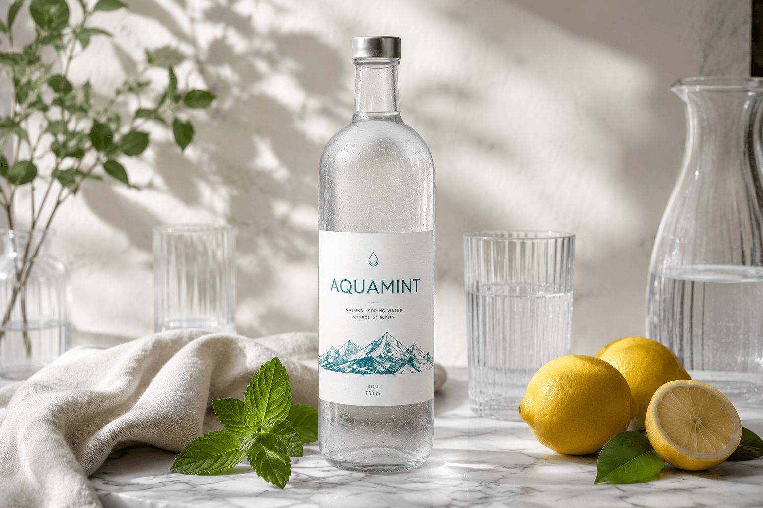 AquaMint Still 750 ml glass bottle on marble with lemons and fresh mint