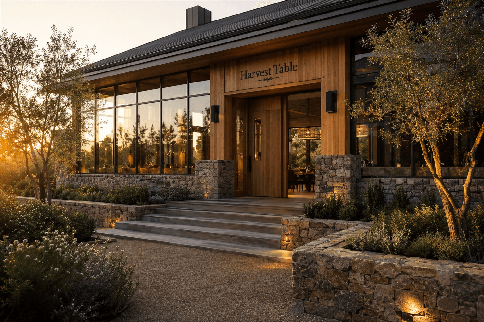 The timber and stone entrance of Harvest Table at golden hour, olive trees catching the last sun beside the glass front
