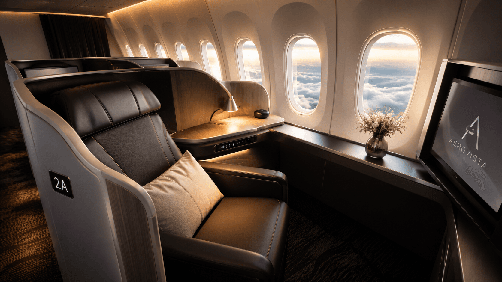 The Vista Suite at sunrise, a private enclosed cabin with a made bed and oval windows over the clouds