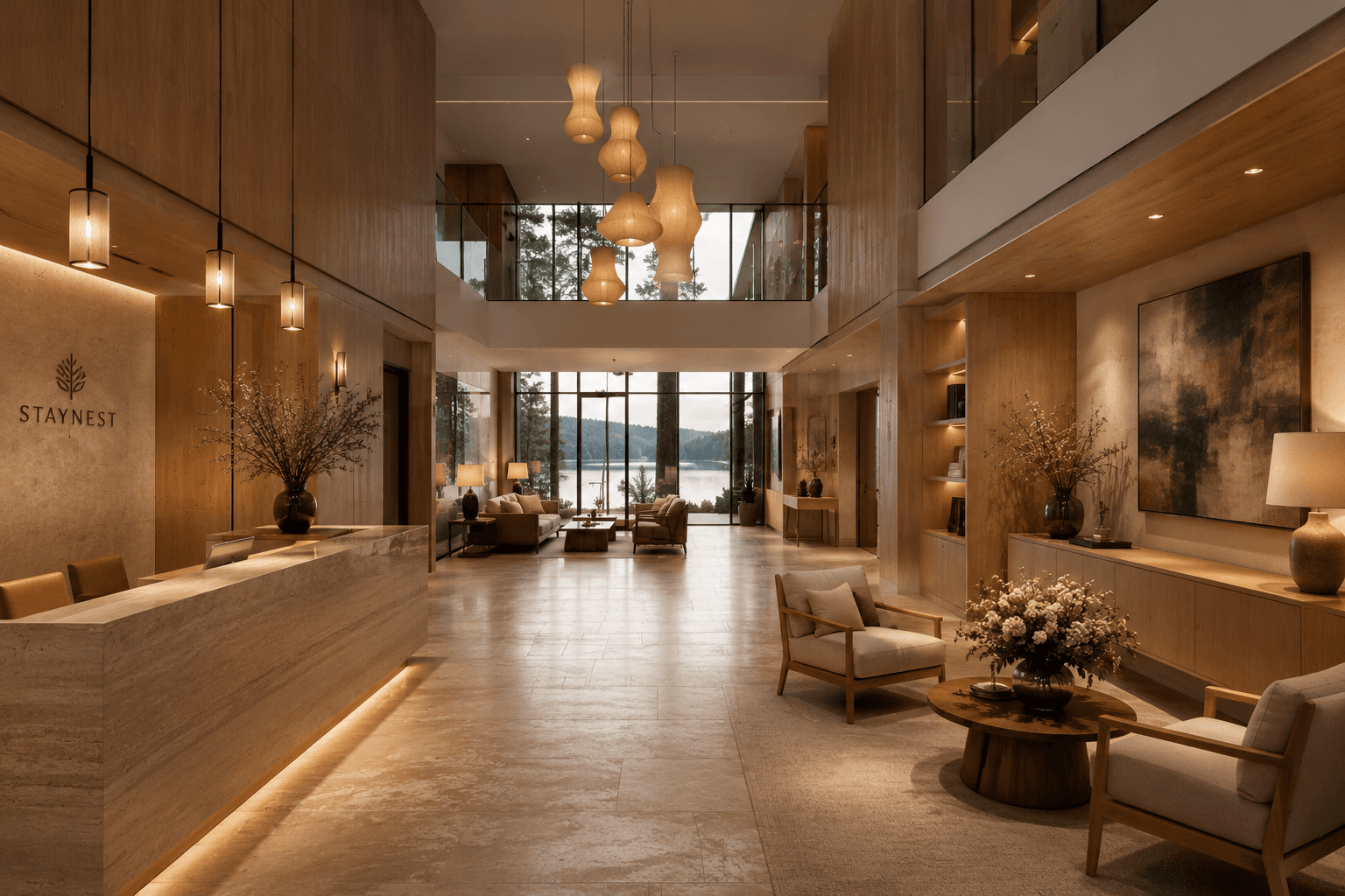 The StayNest lobby at evening, timber walls and lanterns lit over the lake