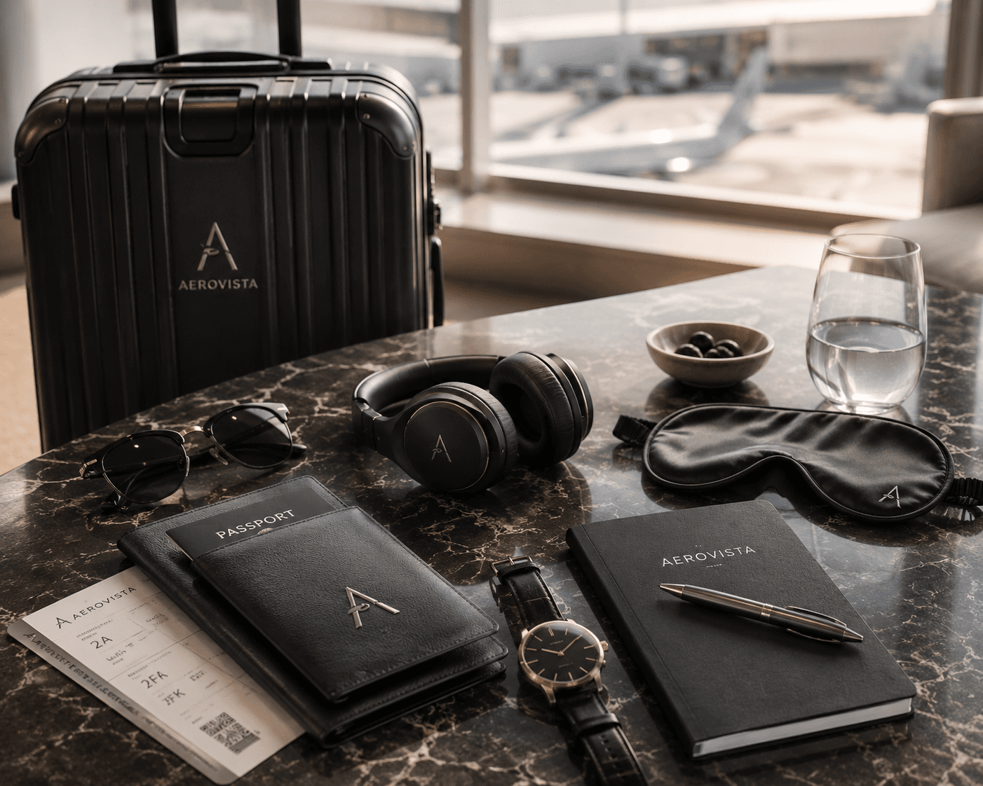 AeroVista travel essentials on a marble table — passport folio, headphones, eye mask and notebook
