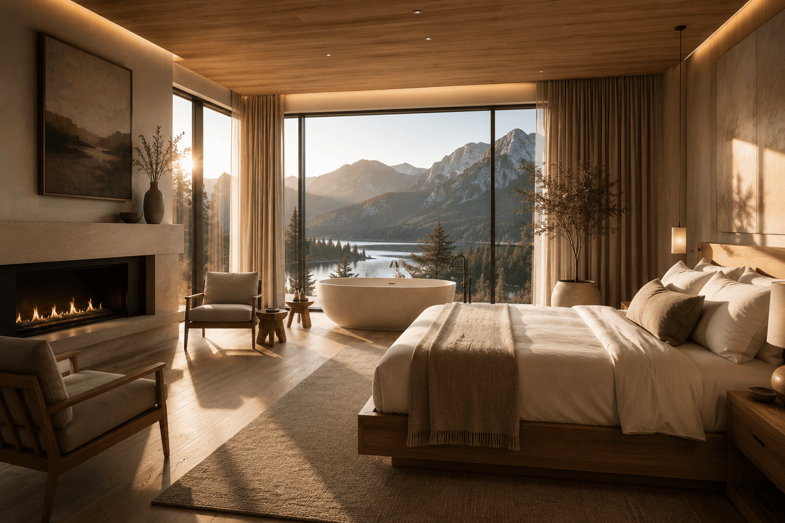 Heron Suite with fireplace, freestanding bath and a wall of mountain view