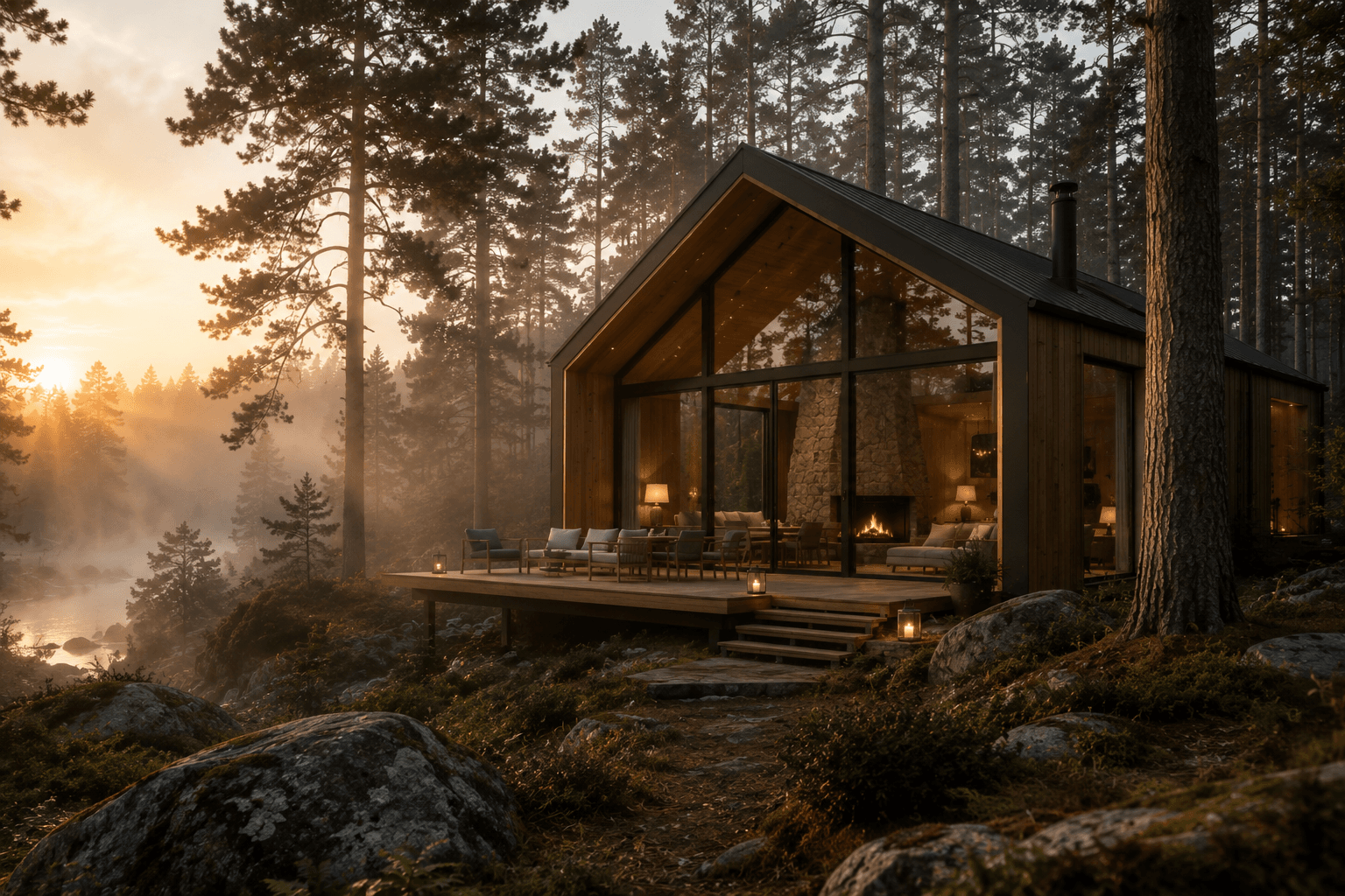 The Nest cabin glowing in the misty pines at golden hour