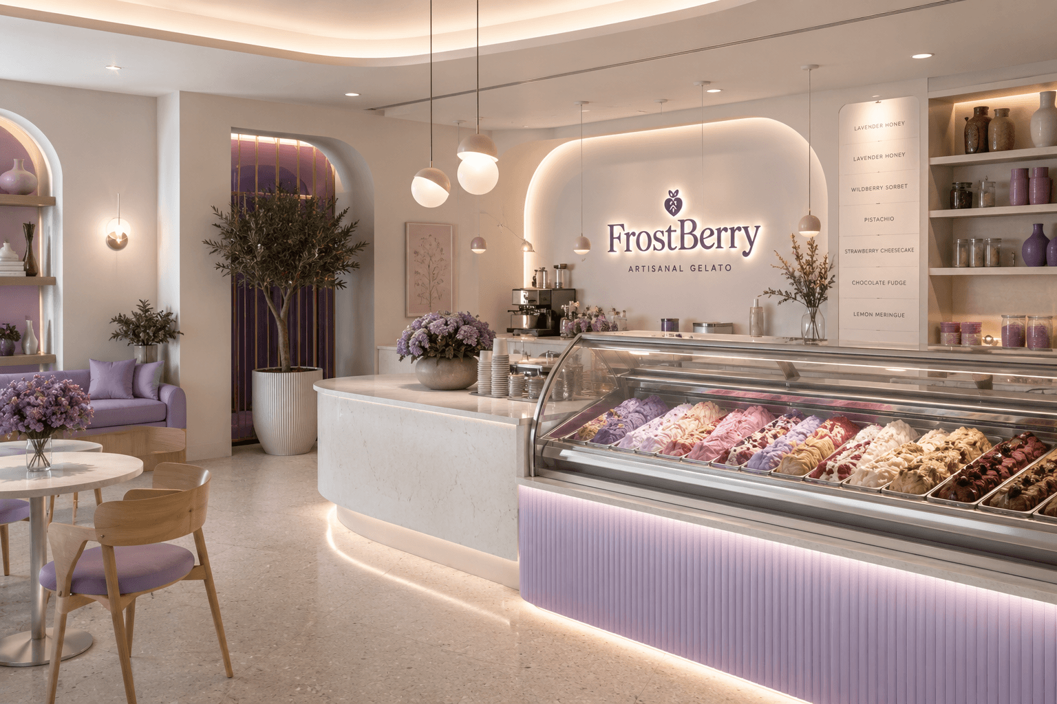 Inside the boutique, plaster walls and soft light over the seating rail