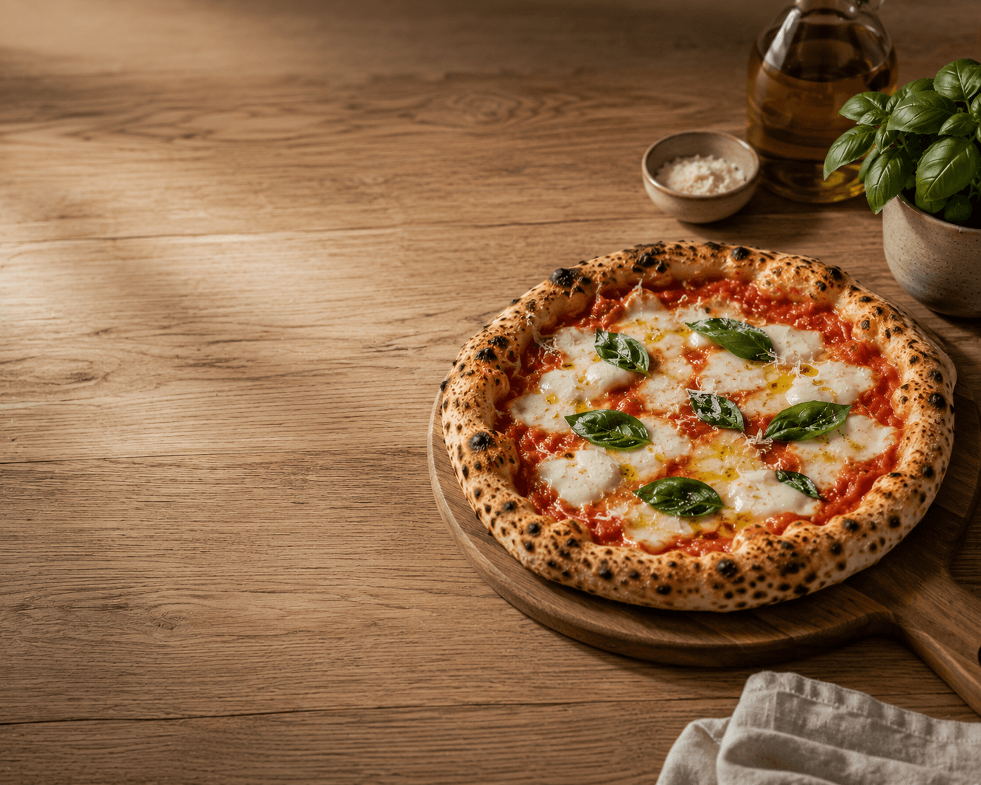 Wood-fired pizza on a wooden table