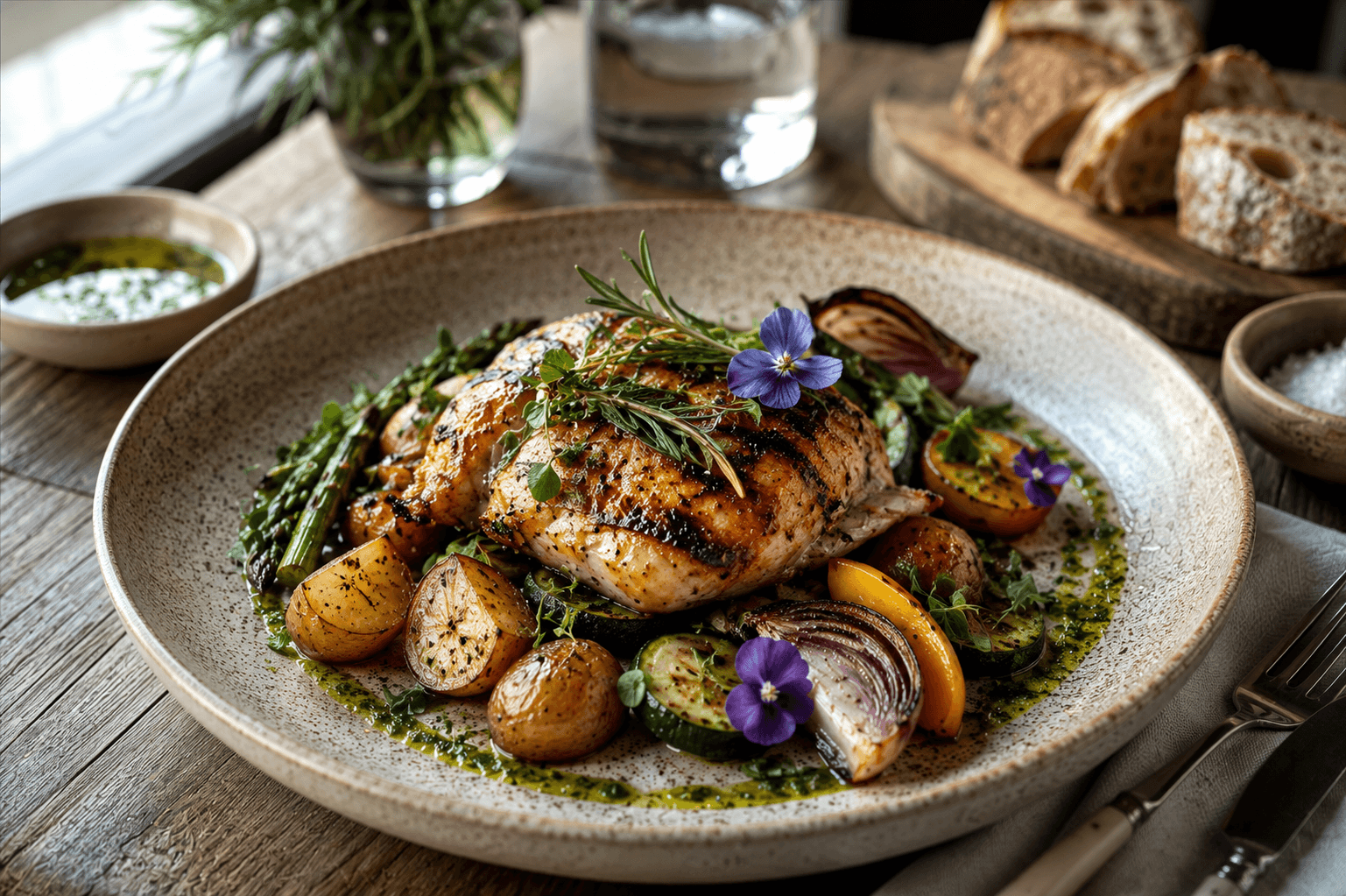 A wood-grilled chicken breast over roast potatoes, asparagus and salsa verde on a speckled stoneware plate