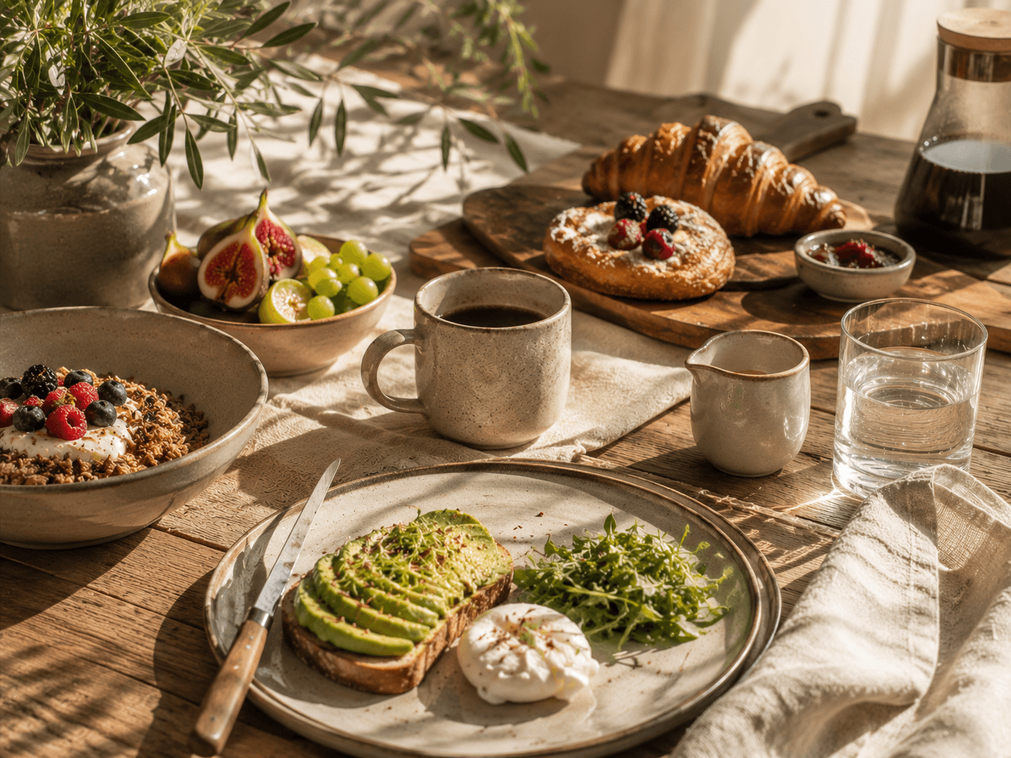 A sunlit weekend breakfast of avocado toast with poached egg, granola with berries, figs, pastries and coffee on a timber table