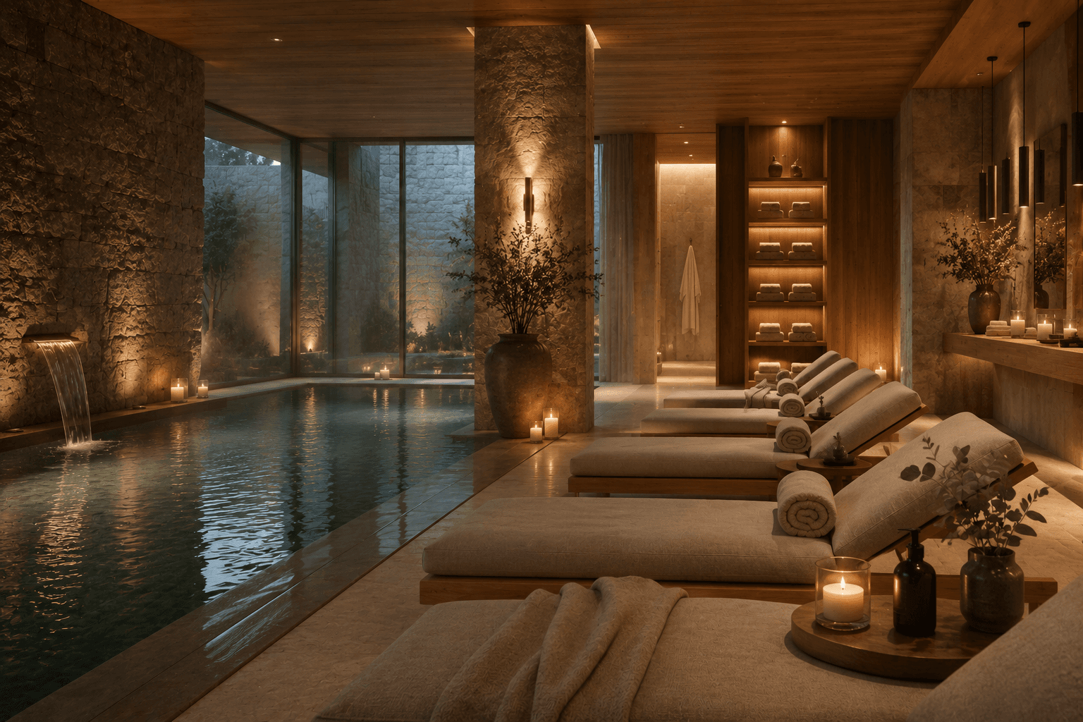 The lantern-lit corridor down to the Stillwater Spa