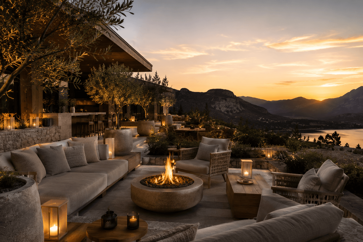 The firepit terrace at dusk, blankets out and the mountains fading