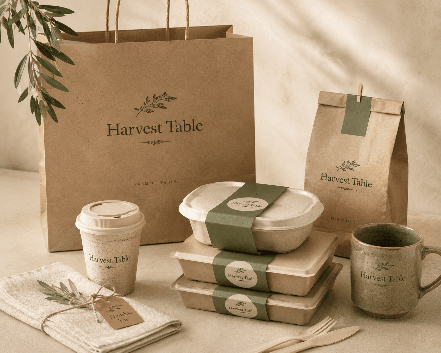 Harvest Table takeaway packaging in kraft paper and olive green, with fibre boxes, a stamped bag and a stoneware mug