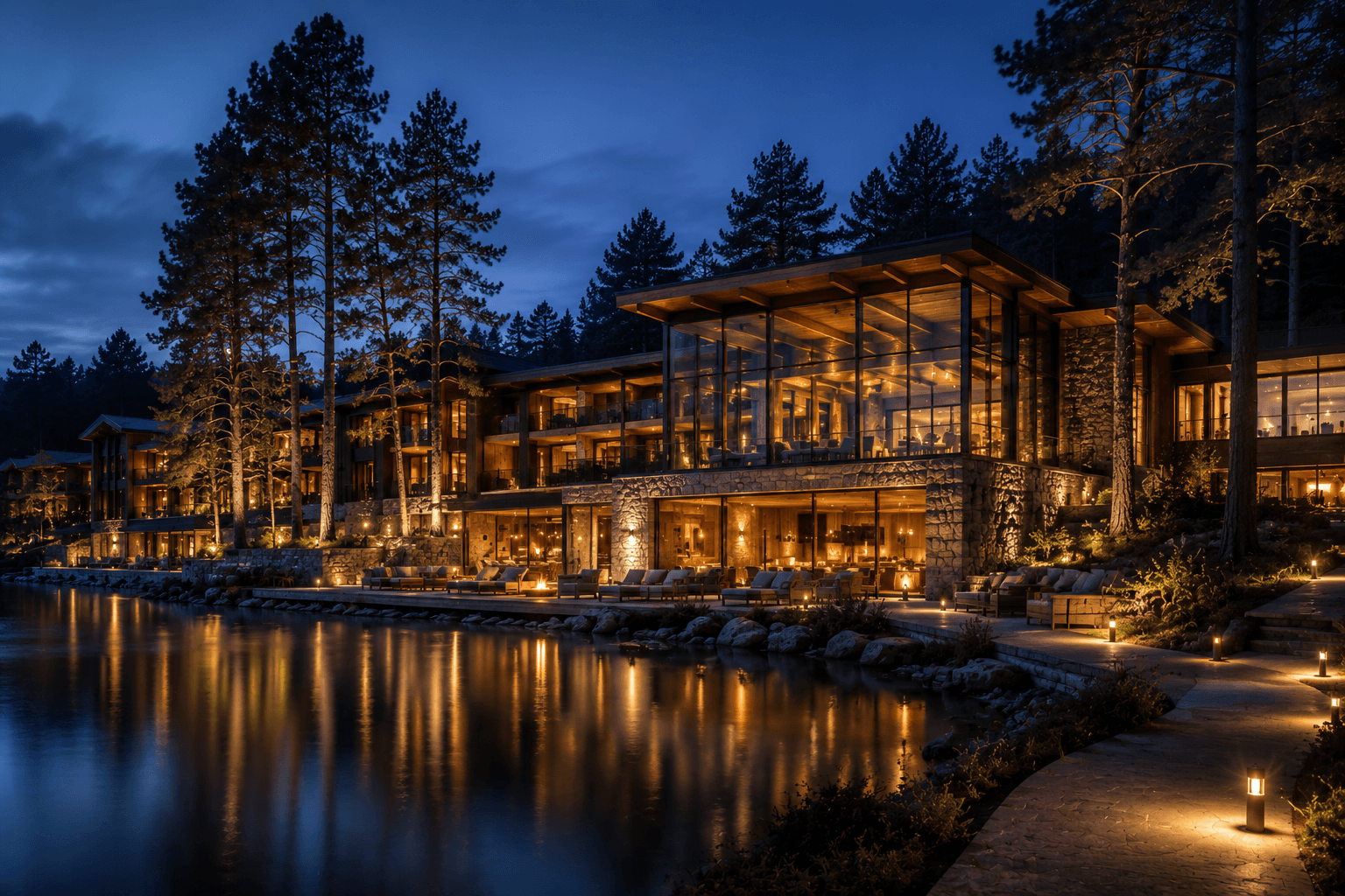 The lodge glowing over the lake at twilight