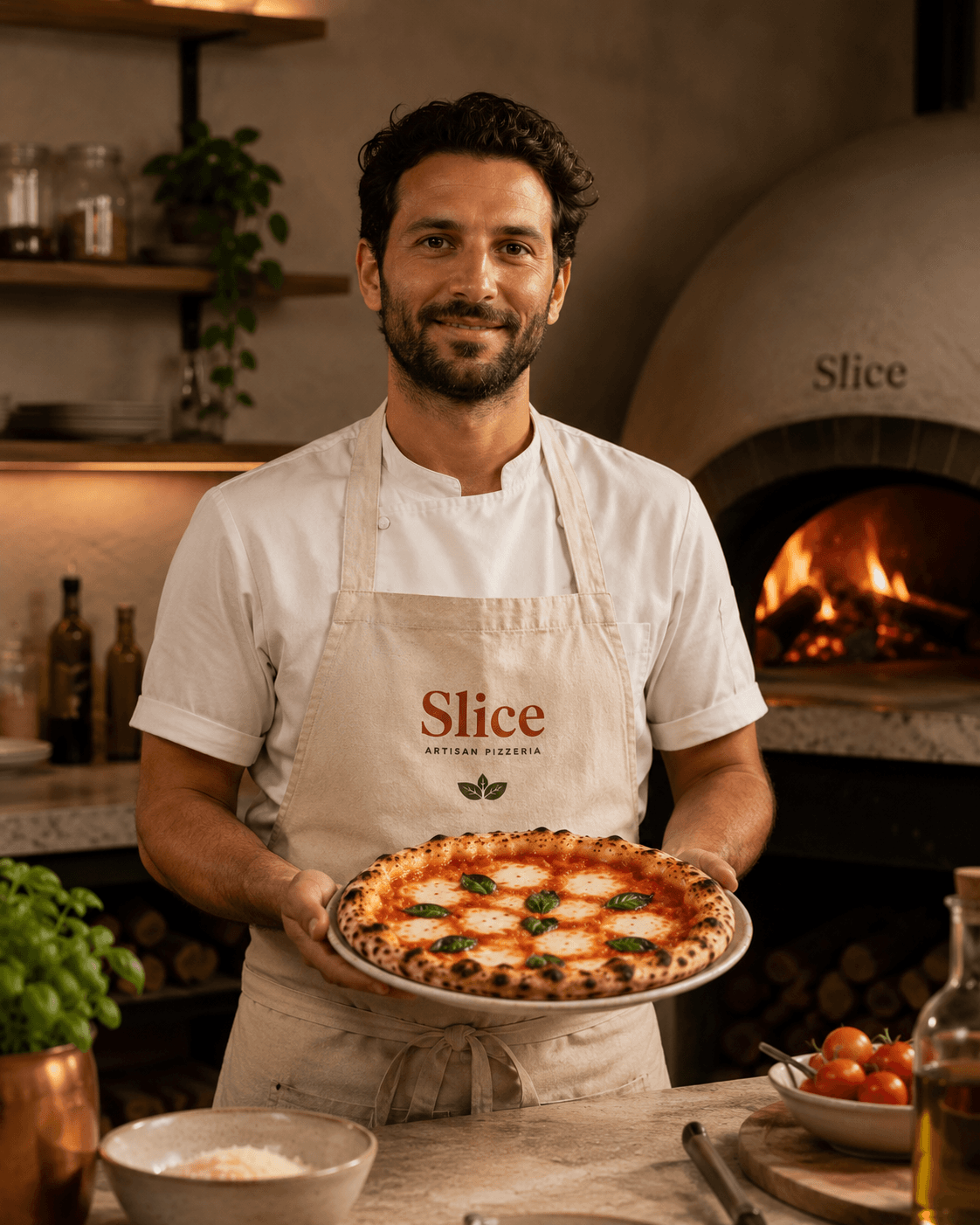 Pizza presented warm at the counter