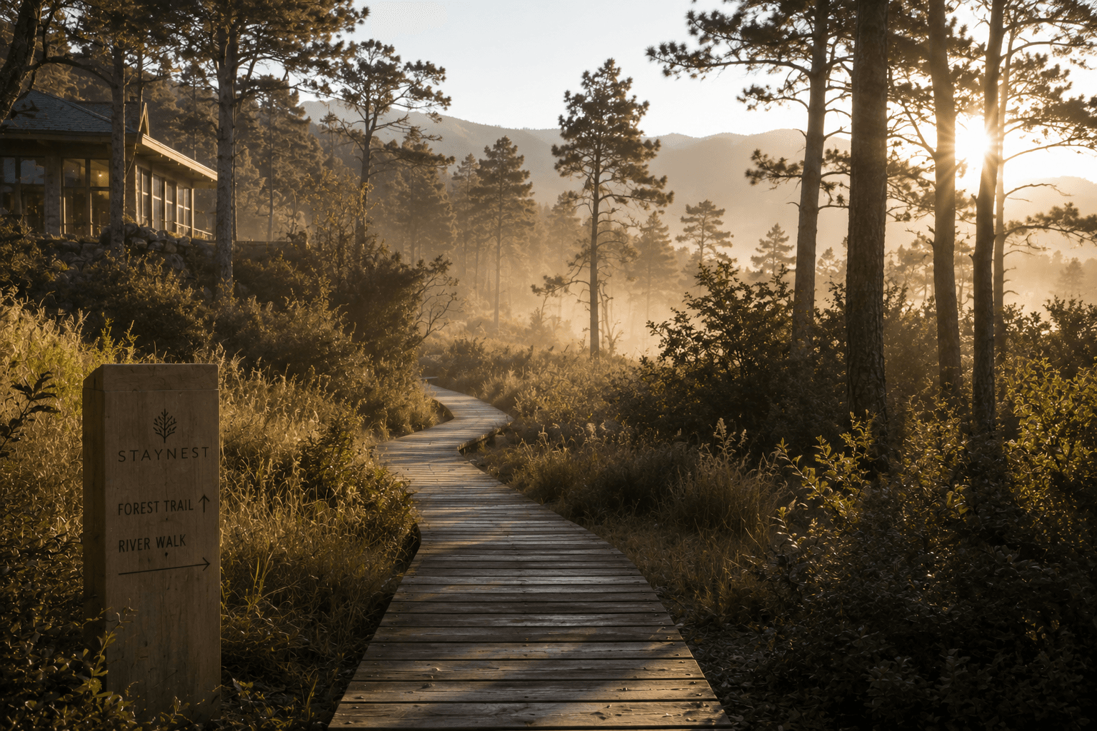 Boardwalk winding into the misty forest at sunrise