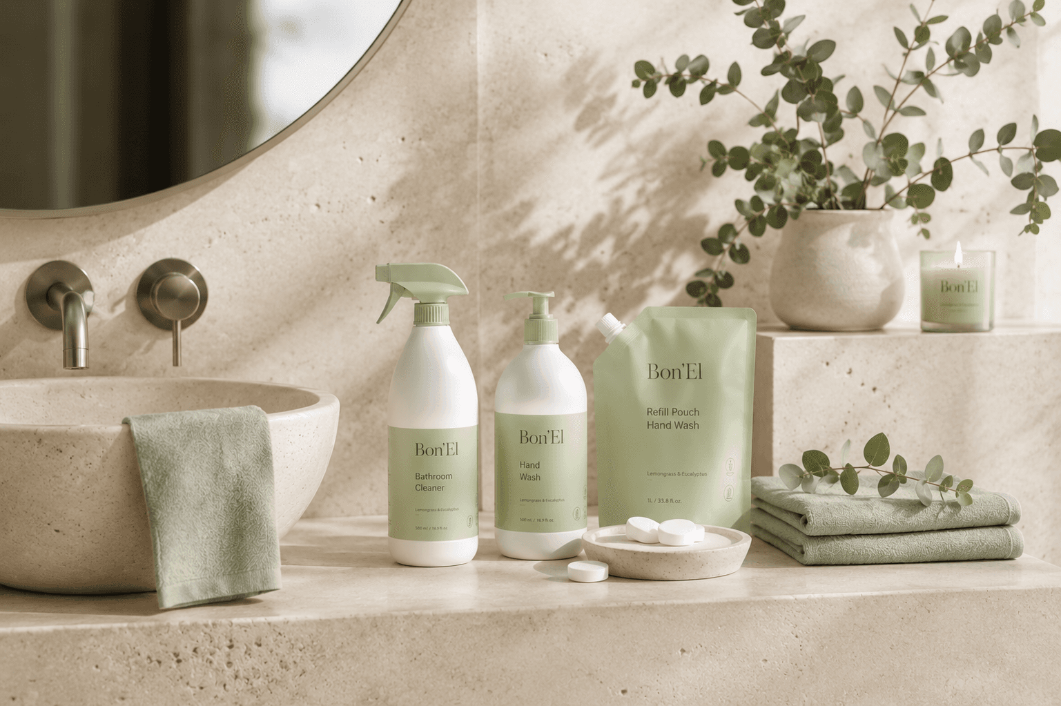 Bon'El bathroom cleaner and hand wash on a travertine vanity with eucalyptus