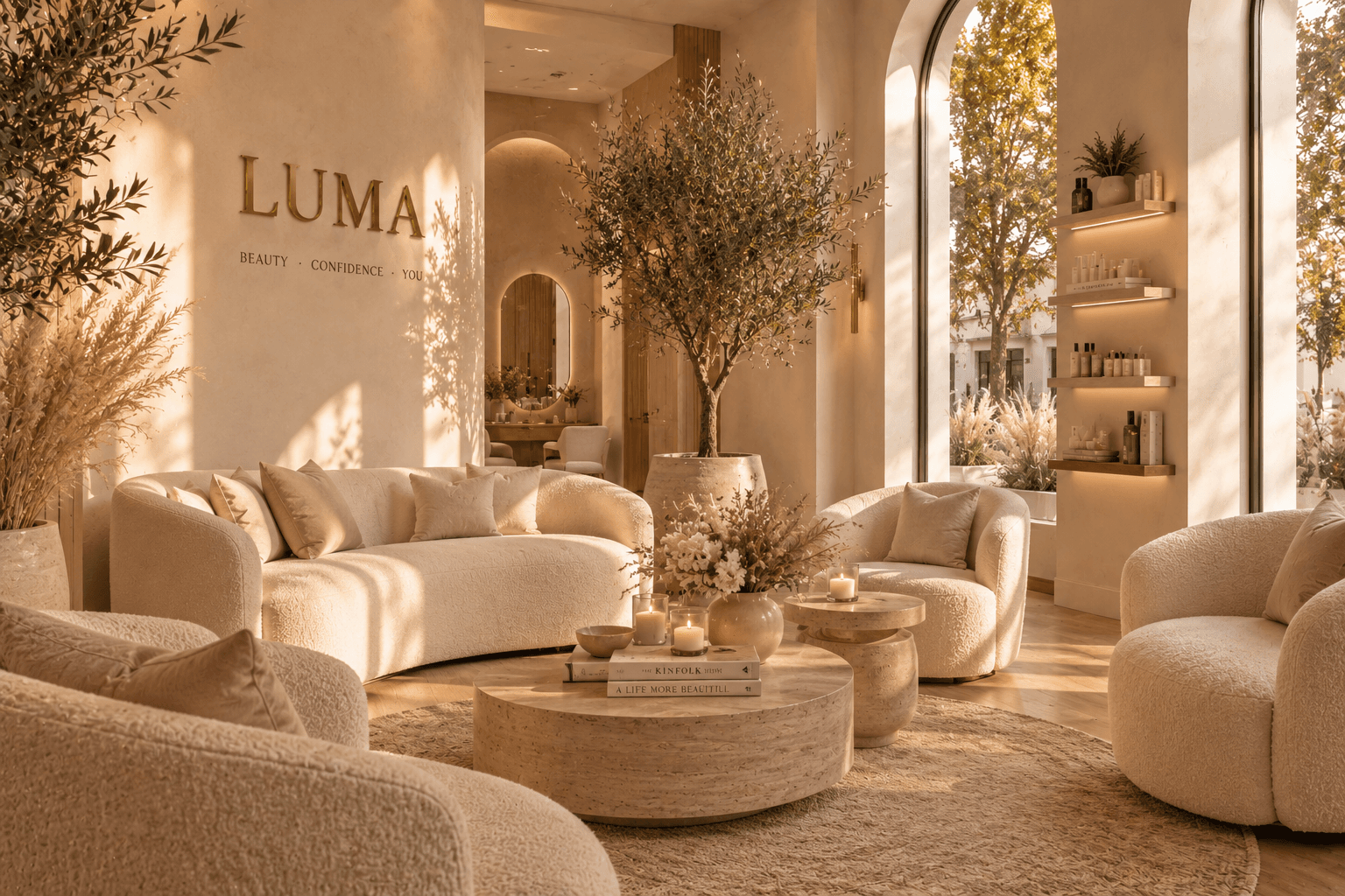 The LUMA lounge in warm sunlight, boucle chairs and olive trees