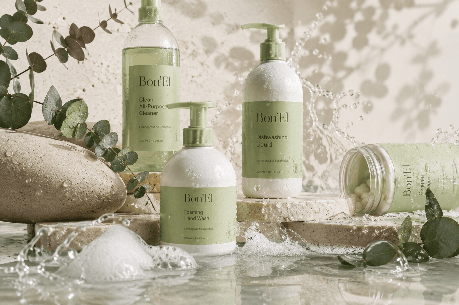 Bon'El dishwashing liquid and hand wash in a burst of water and suds