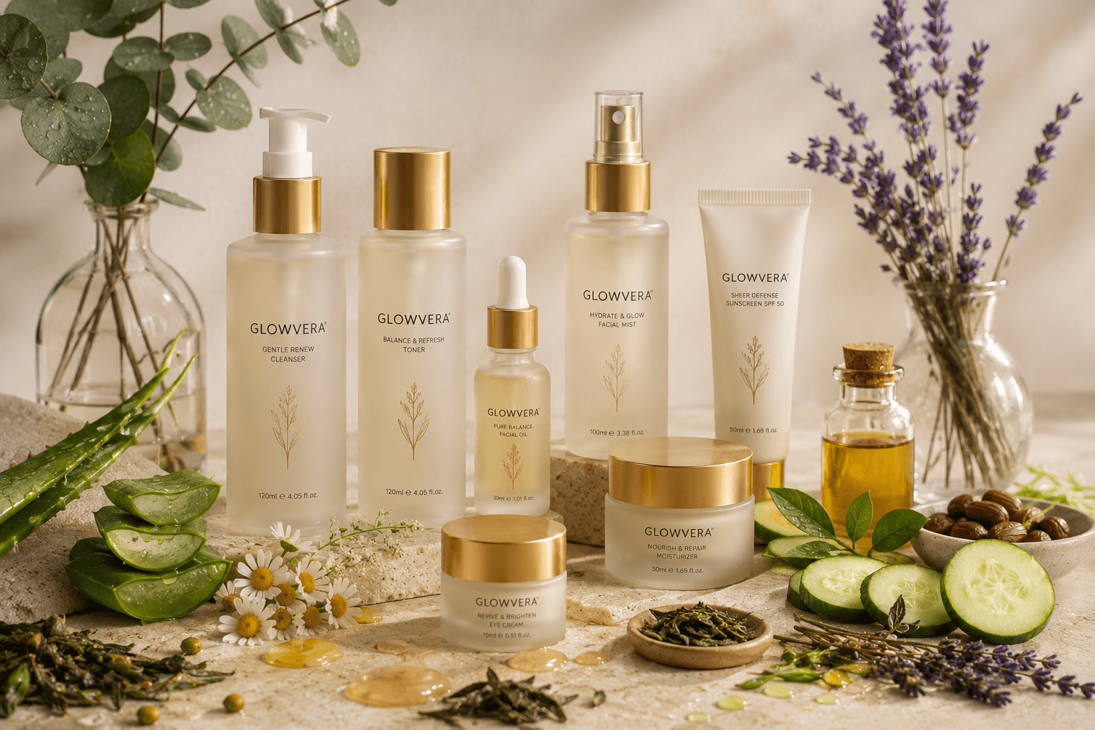 Fresh aloe, chamomile and cucumber laid out beside the Glowvera range