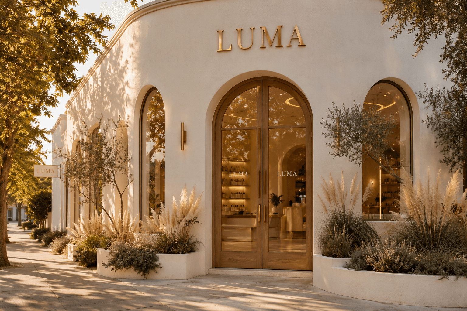 The LUMA boutique at golden hour, arched doors open