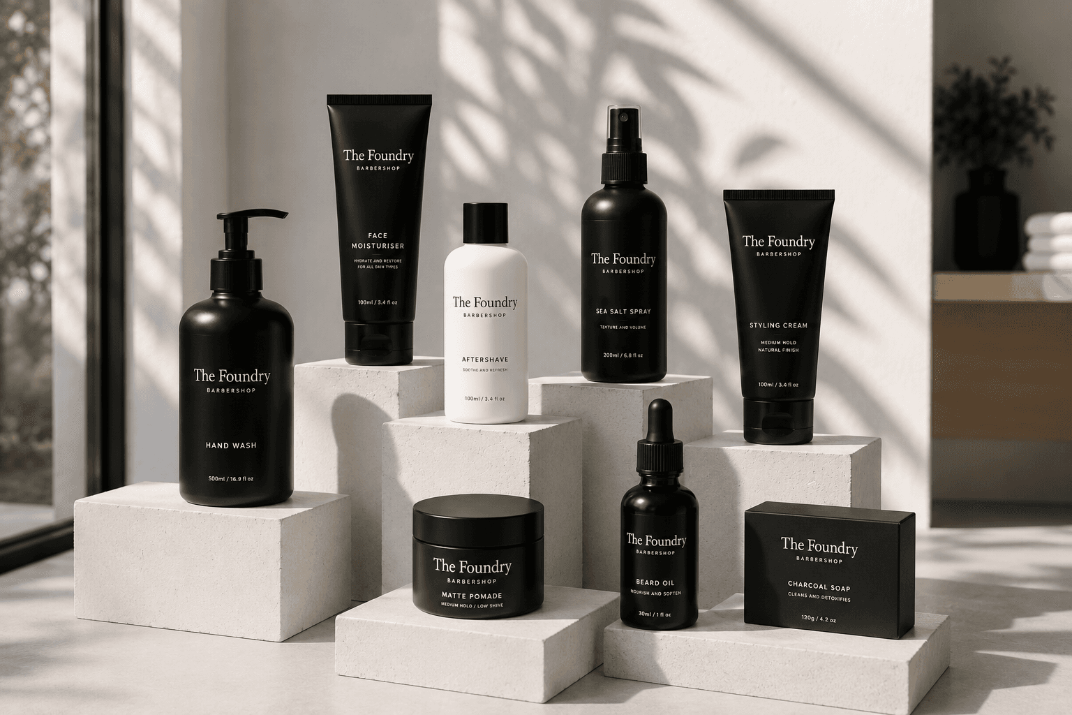 The grooming collection staged on white plinths in soft shadow