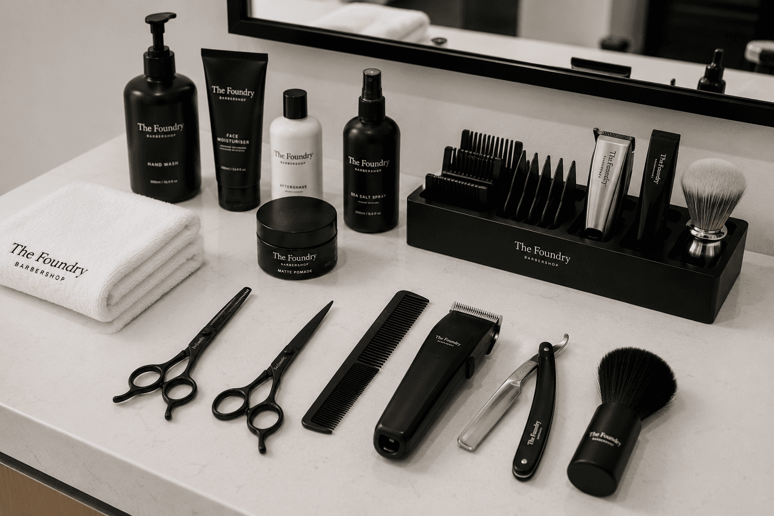 Foundry tools and bottles laid out on a white counter in monochrome