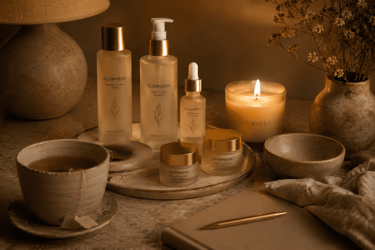 The Glowvera essentials by candlelight on a warm stone table at the end of the day