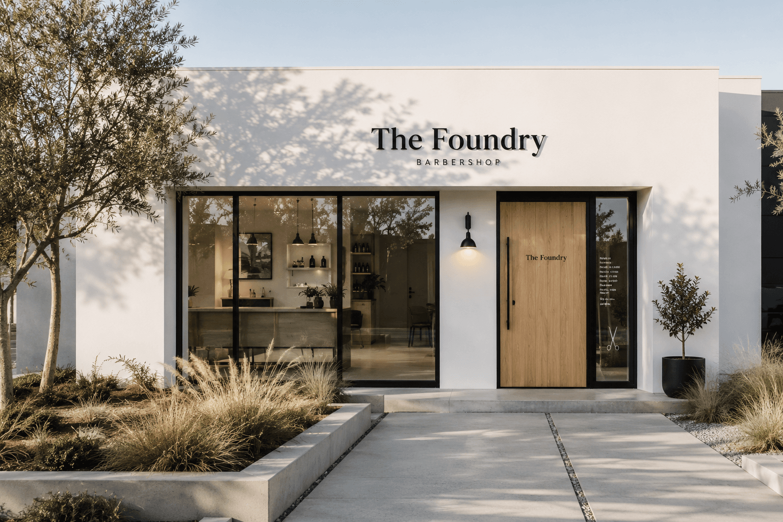 The Foundry facade: white plaster, an oak door and olive trees in evening light