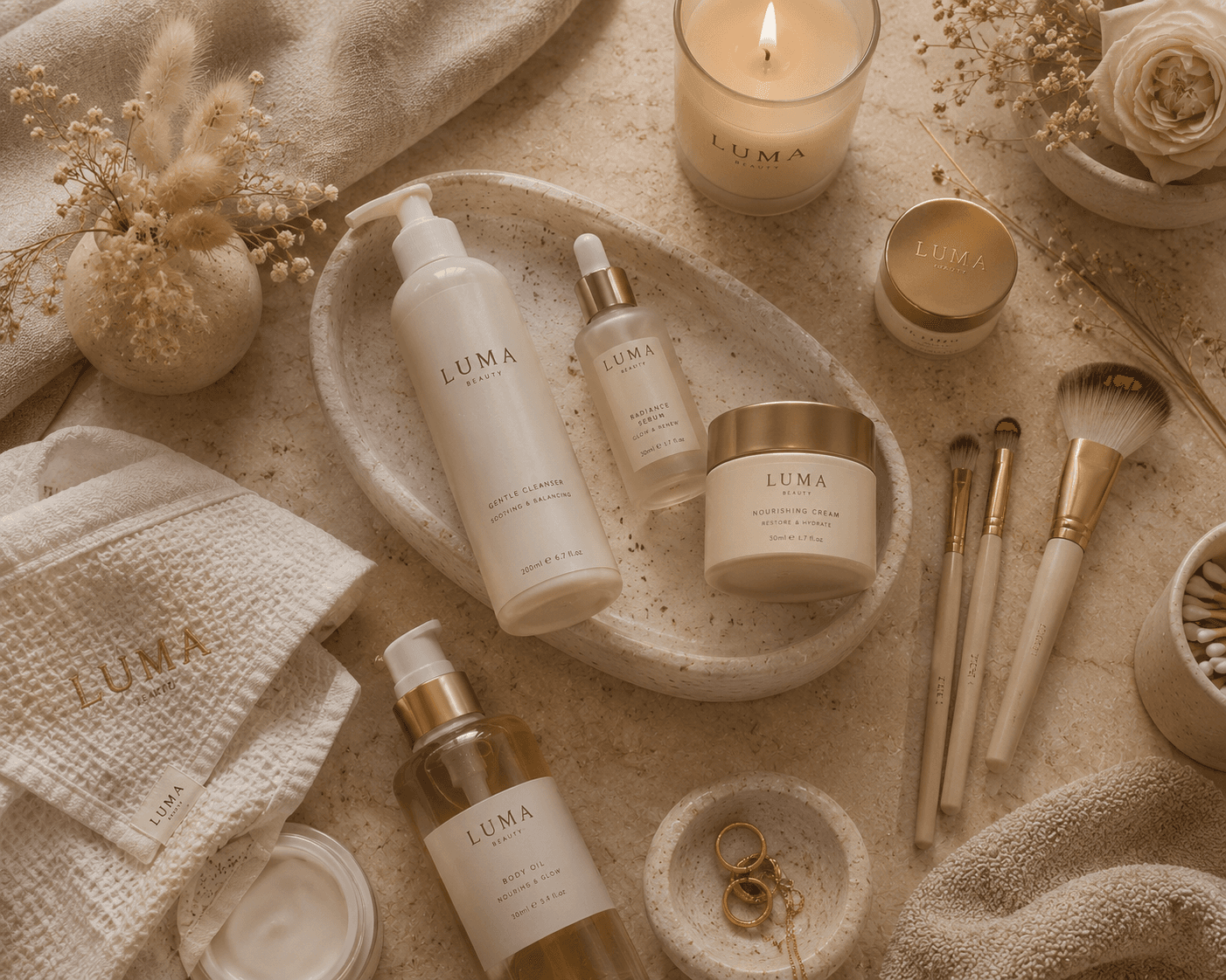 LUMA skincare arranged flat on warm stone