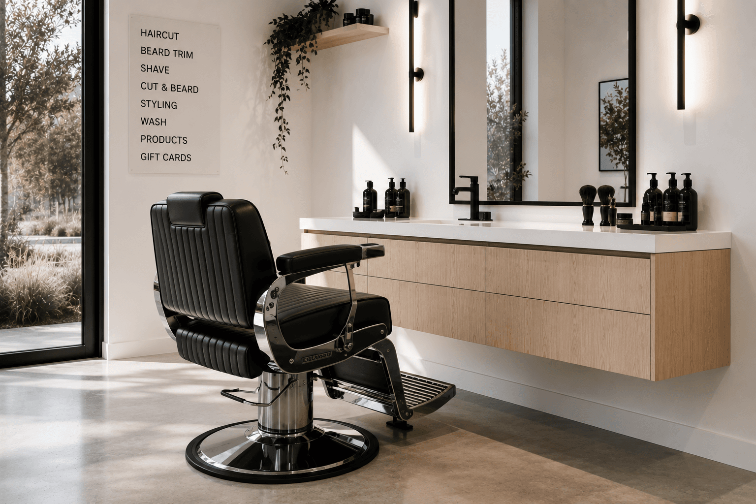 A single black barber chair waiting under the letter board