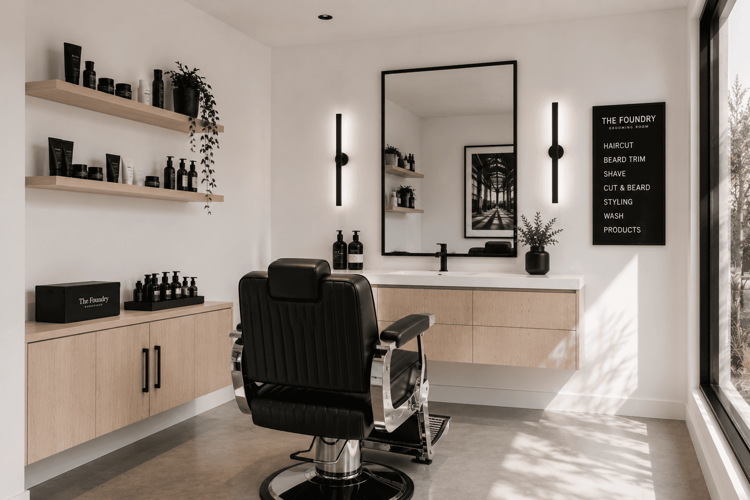 The private grooming room: one chair, one mirror, the letter board