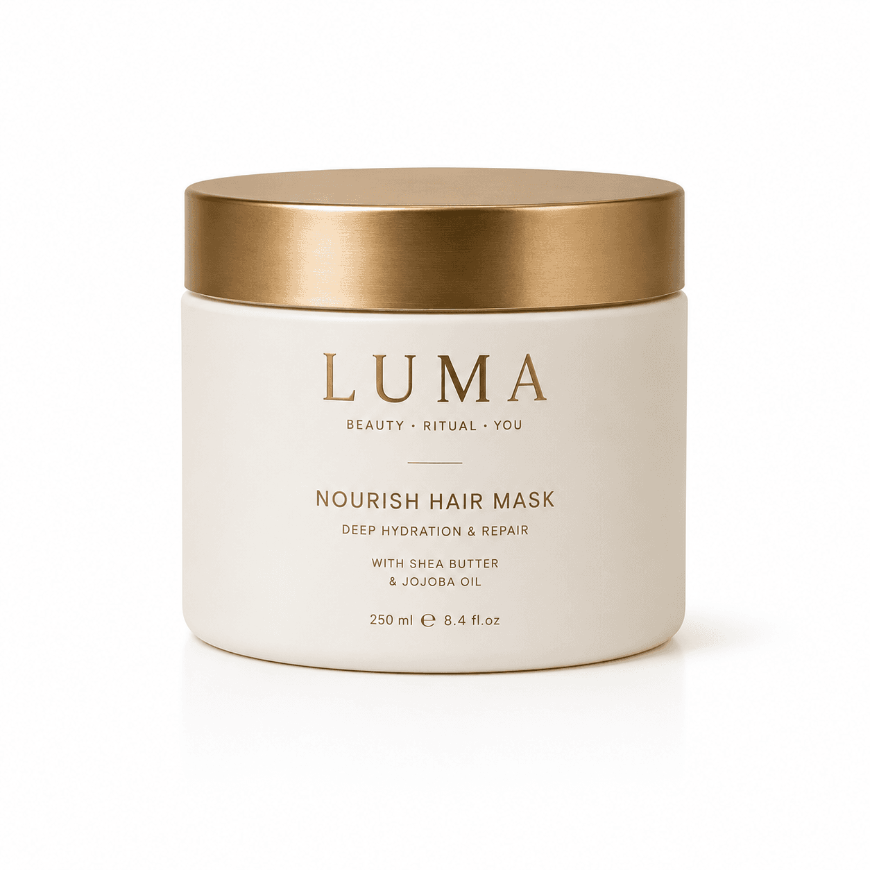 LUMA Nourish Hair Mask jar with a brushed gold lid