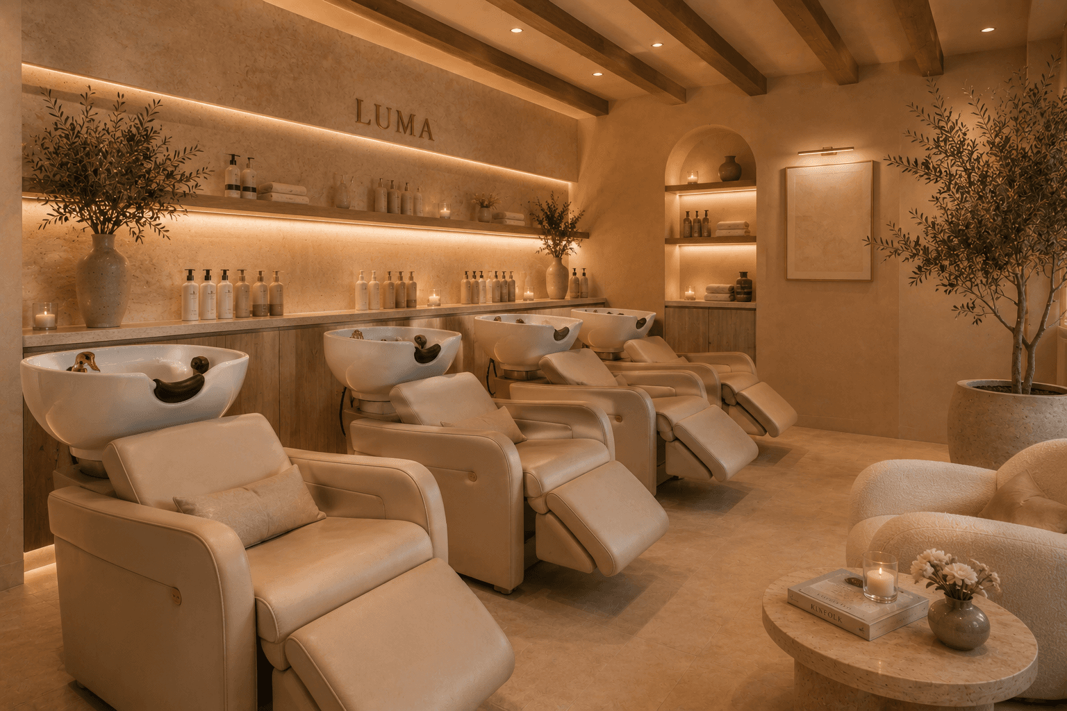 The LUMA wash lounge, reclining chairs and warm shelves