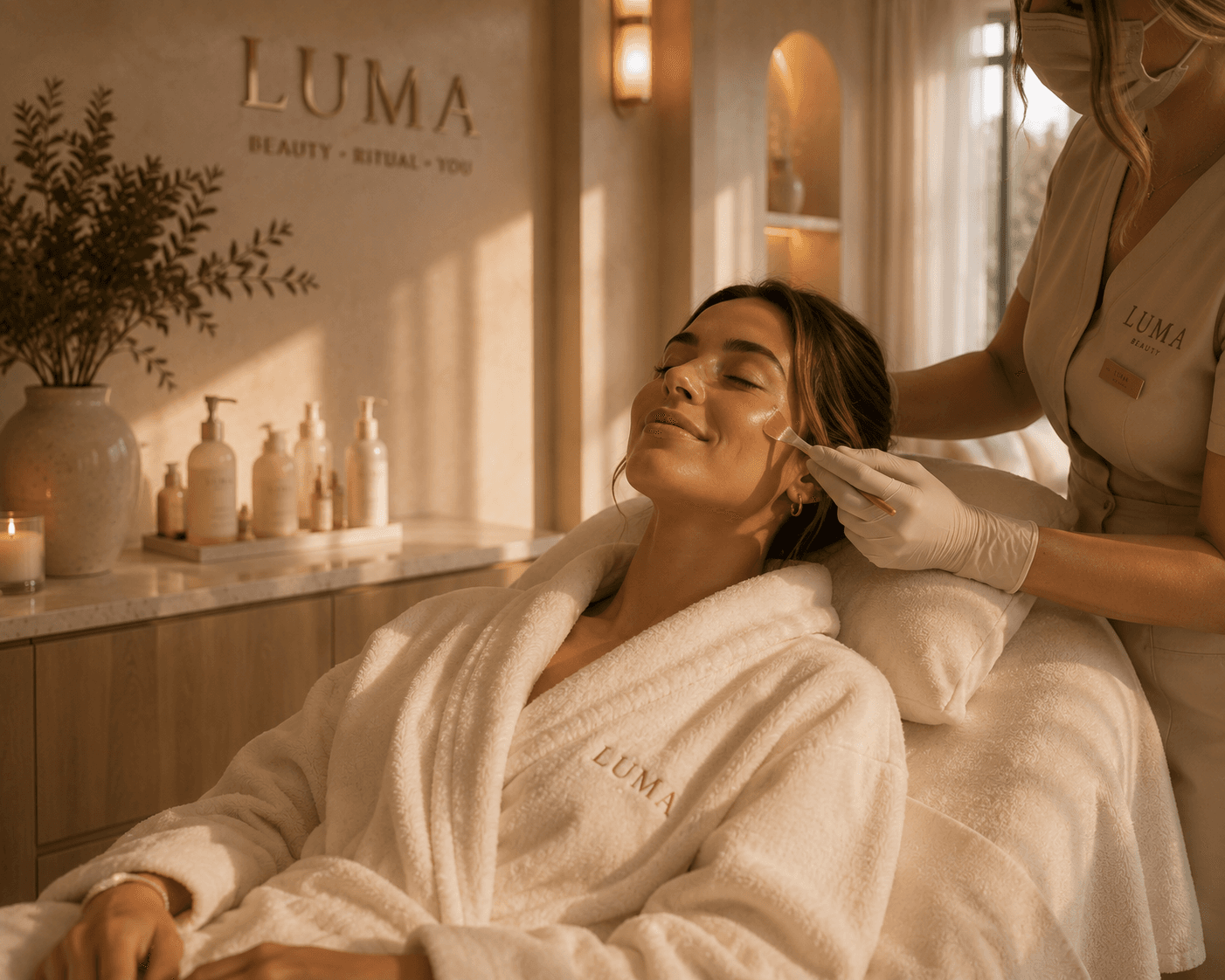 A guest in a LUMA robe receiving a facial in golden light