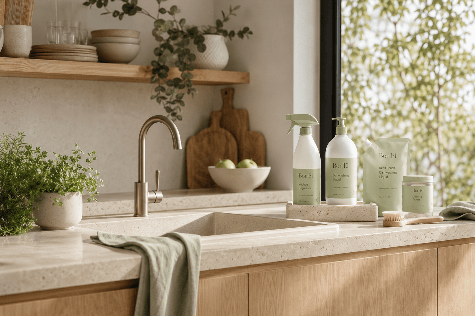 Bon'El kitchen degreaser and dishwashing liquid on a sunlit stone counter beside herbs