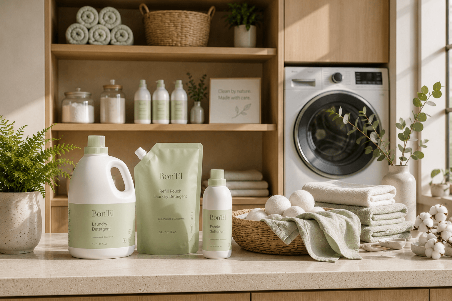 Bon'El laundry detergent and fabric softener in a bright, calm laundry room