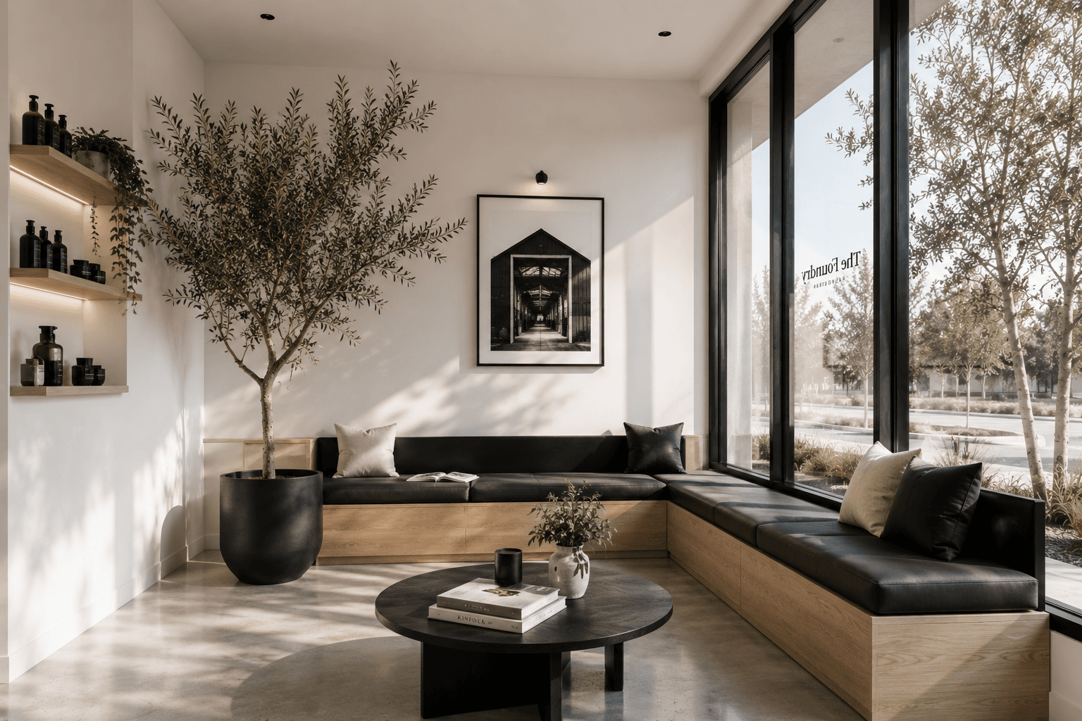 The lounge: leather benches under an olive tree