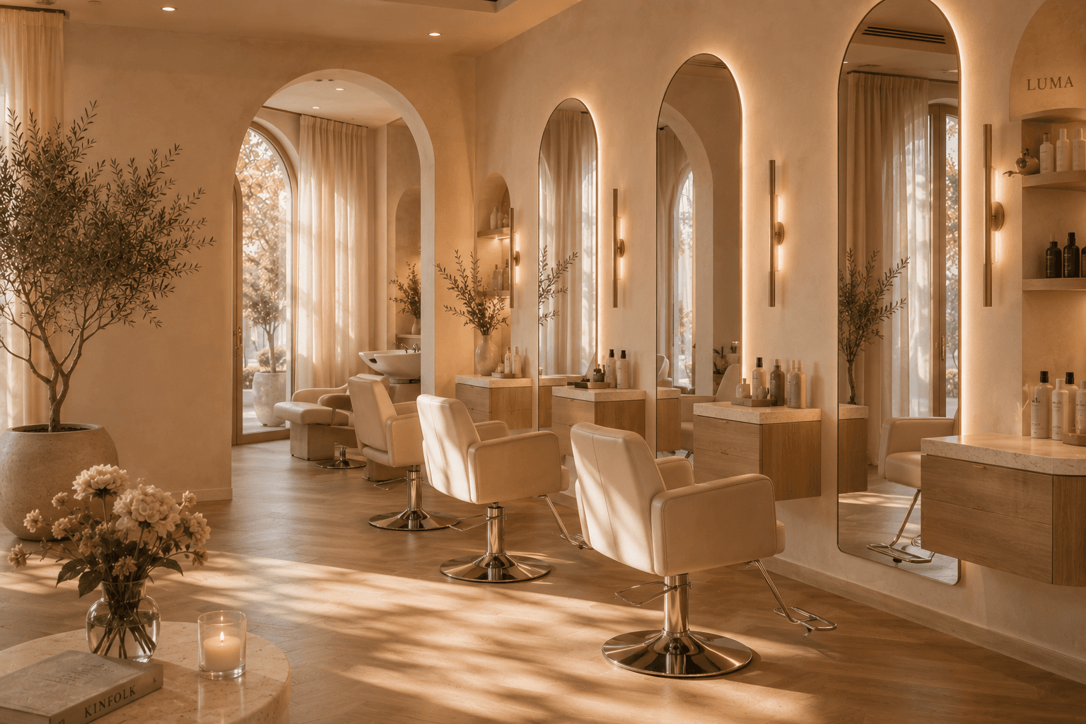 The LUMA salon floor with cream chairs and arched mirrors