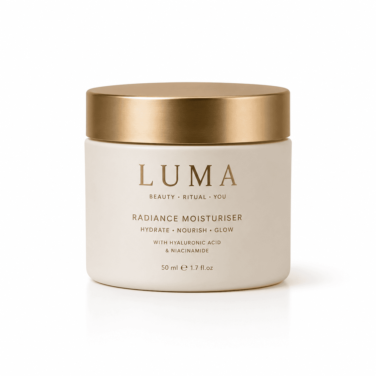 LUMA Radiance Moisturiser jar with a brushed gold lid